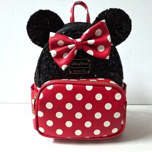 Disney Parks Loungefly Minnie Mouse Mini Backpack Sequin Black Red White Dots